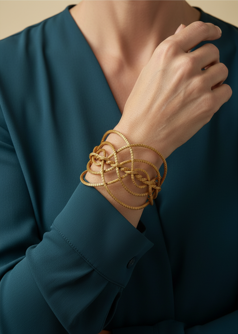 Amazonian Treasures handwoven golden grass cuff bracelet made from natural Capim Dourado worn on a model's wrist.