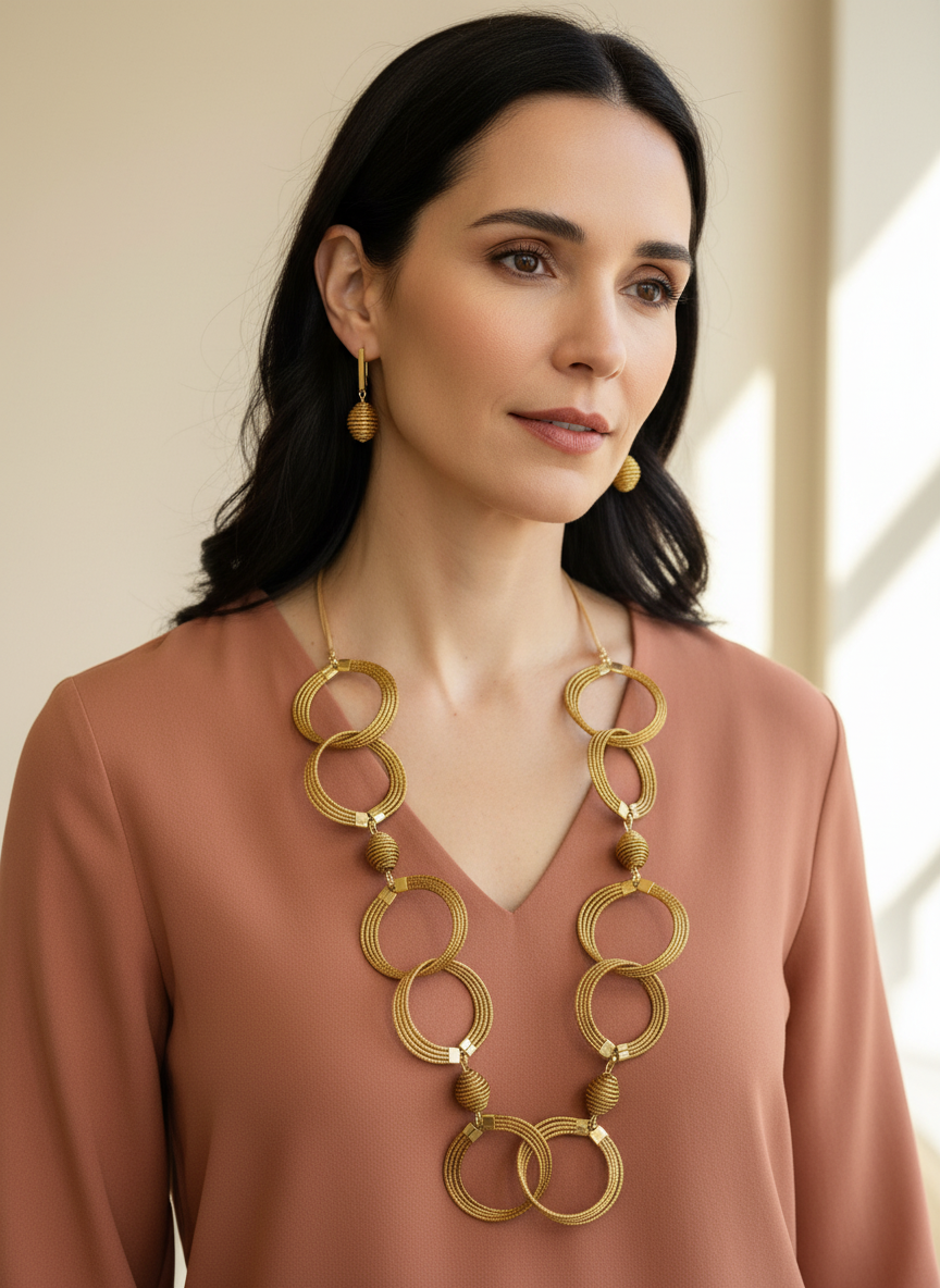 Amazonian Treasures Golden Harmony necklace and earrings set made of handwoven golden grass circles on a woman