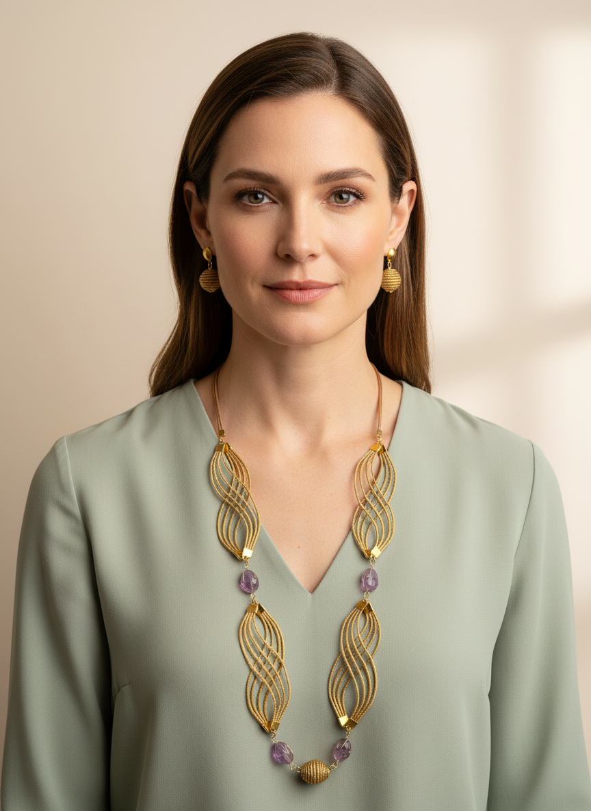 Amazonian Treasures Golden Flow necklace and earrings set made of handwoven capim dourado golden grass and gemstones.