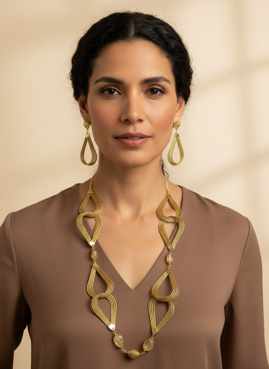 Amazonian Treasures Golden Breeze necklace and earrings set made of handwoven golden grass with citrine accents.
