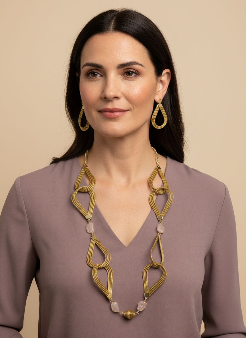 Amazonian Treasures Golden Breeze necklace and earrings set made of woven golden grass with rose quartz accents.