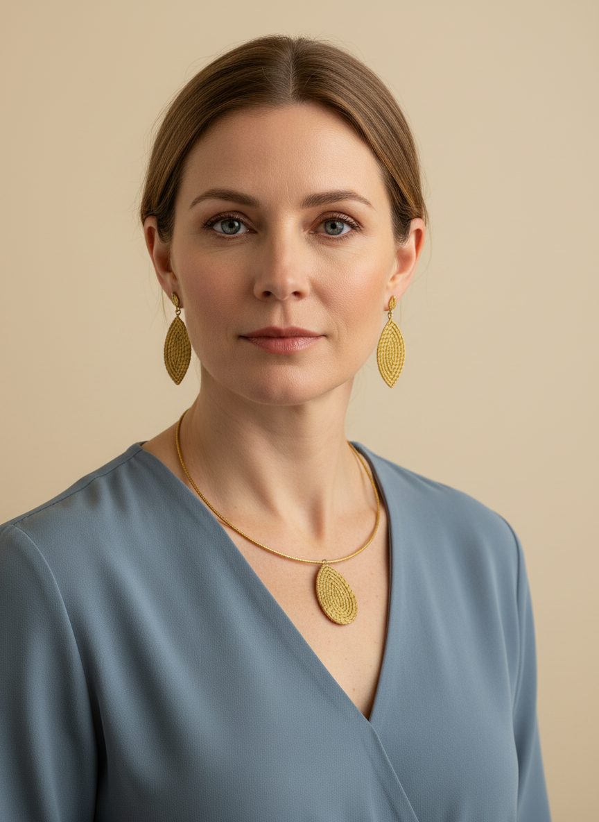 Amazonian Treasures golden grass leaf necklace and earrings set worn by a woman in a blue top against a neutral background