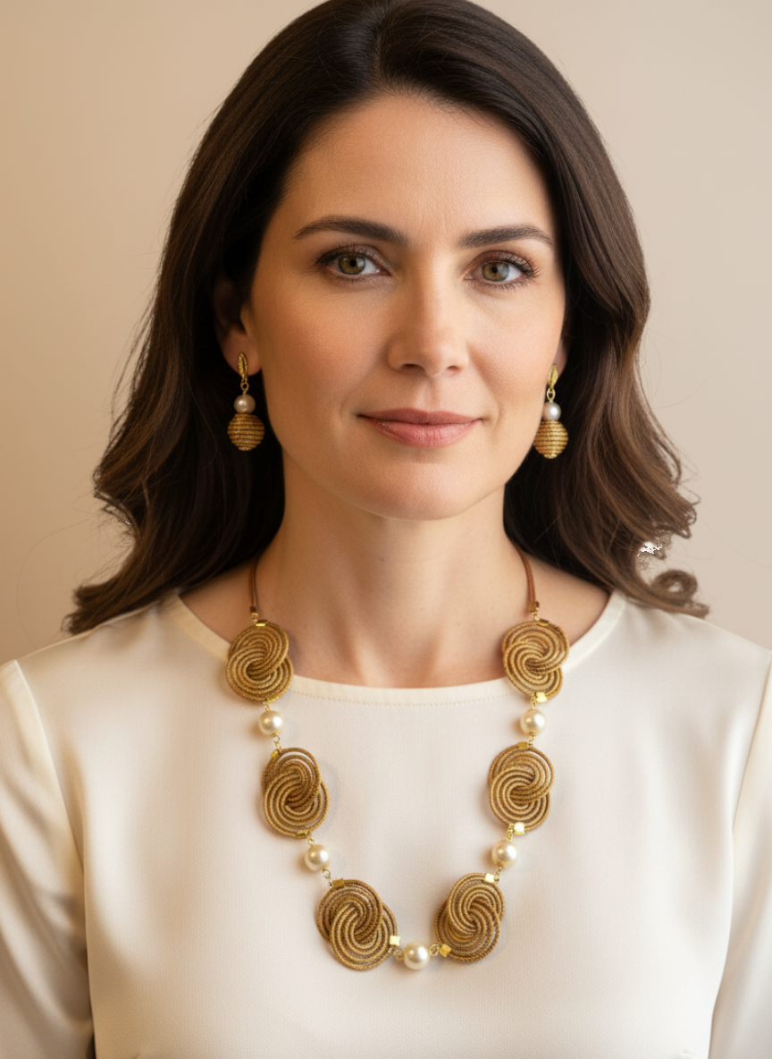 Amazonian Treasures Pearl Dourada set featuring handwoven golden grass swirls and pearls on a woman in a white top.