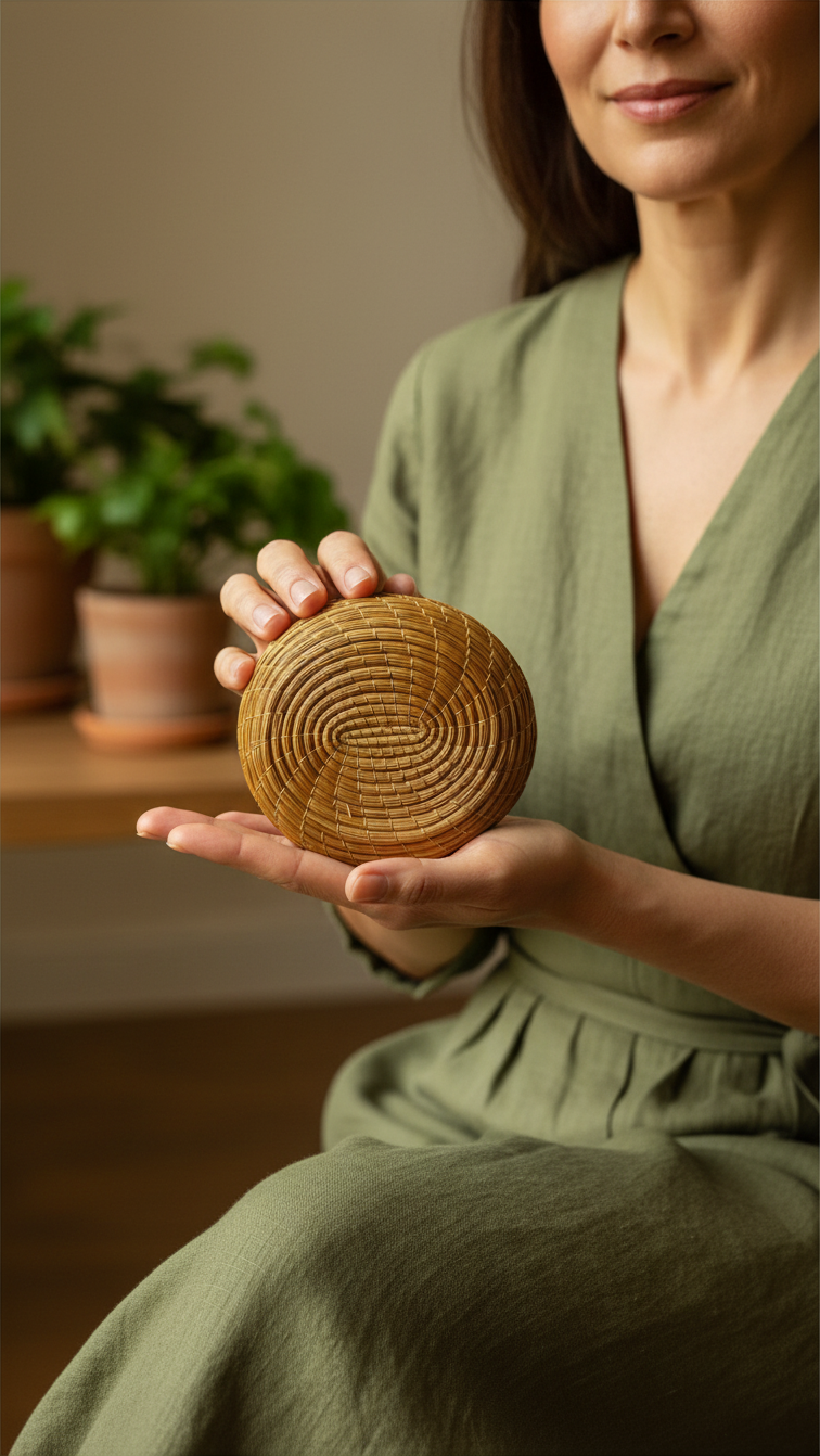 Amazonian Treasures handwoven round mini pouch made of golden Capim Dourado grass held by a woman in a green dress.