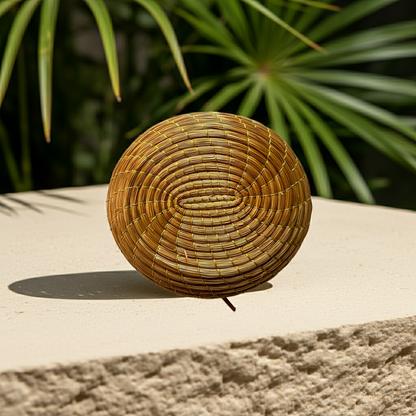 Amazonian Treasures handwoven round mini pouch made from natural golden Capim Dourado grass with a spiral weave