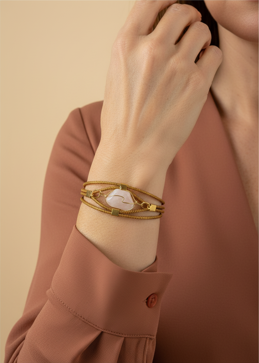 Amazonian Treasures handwoven golden grass bracelet with a rose quartz stone accent worn on a woman's wrist.
