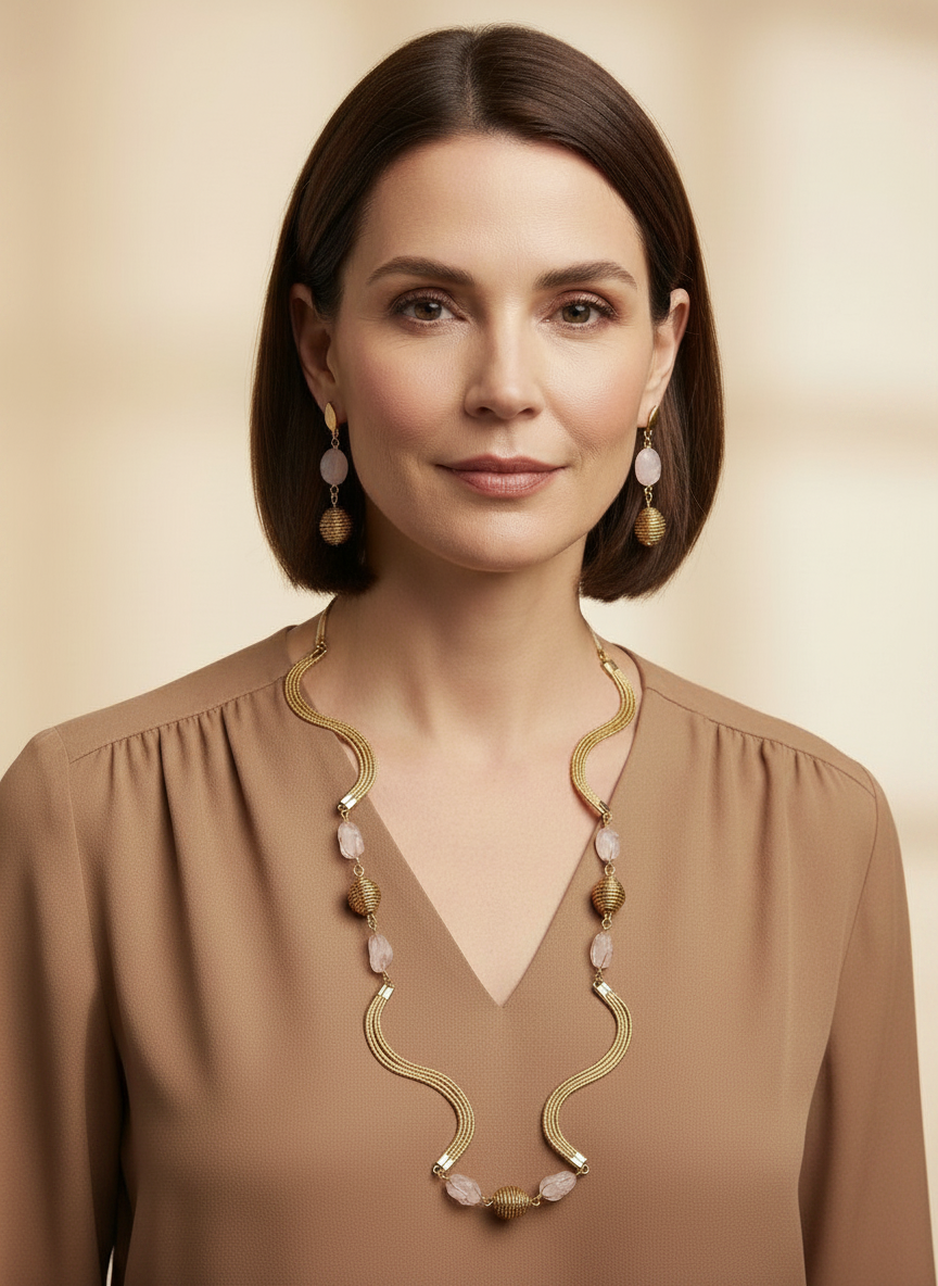 Amazonian Treasures golden grass capim dourado necklace and rose quartz earrings worn by a woman in a tan blouse.