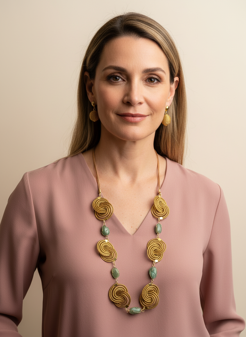 Amazonian Treasures golden grass spiral necklace and earrings set worn by a woman in a dusty pink blouse.