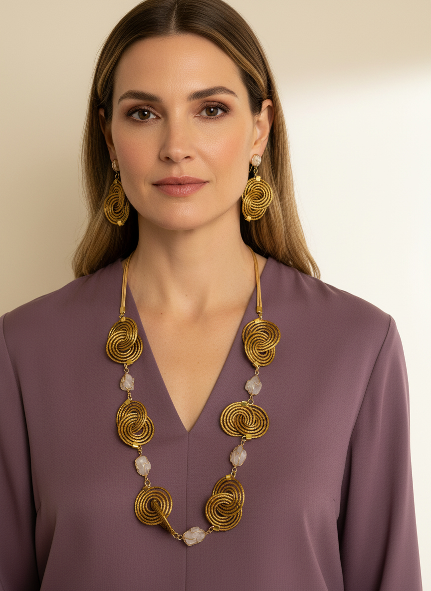 Amazonian Treasures Espiral Dourada set featuring handwoven golden grass spiral necklace and earrings on a model.