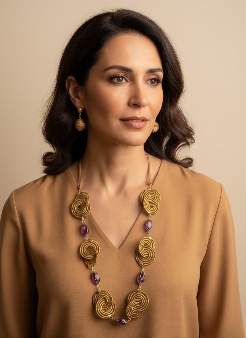 Amazonian Treasures golden grass spiral necklace and earrings set worn by a woman in a tan blouse