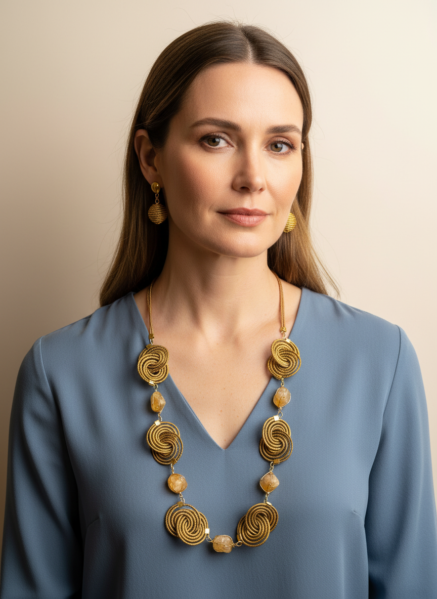Amazonian Treasures Espiral Dourada golden grass spiral necklace and earrings set worn by a woman in a blue dress.