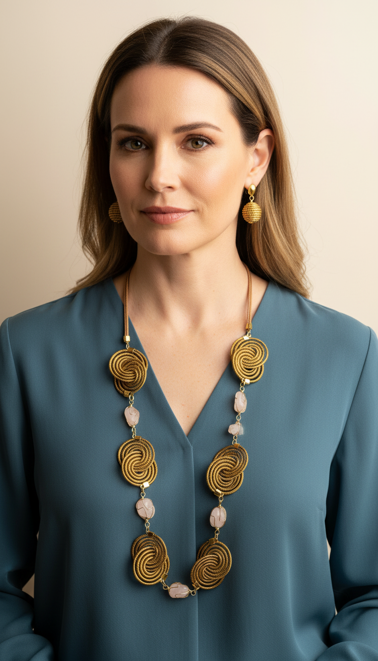 Amazonian Treasures golden grass spiral necklace and earrings set worn by a woman in a teal blouse.