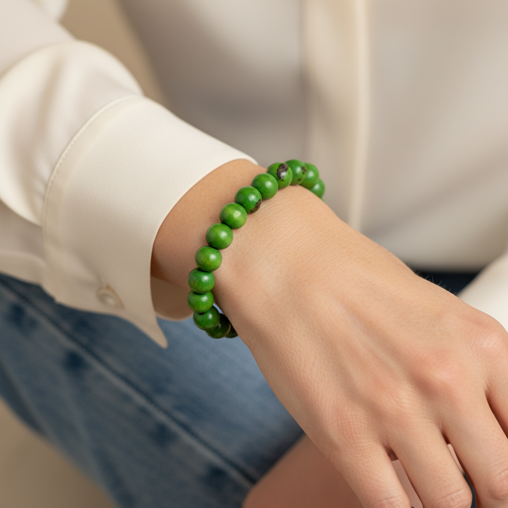 Amazonian Treasures handcrafted green acai seed stretch bracelet worn on a wrist with a white shirt and blue jeans