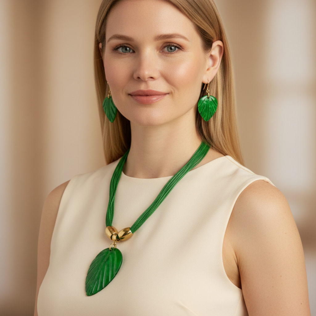 Amazonian Treasures leaf necklace and earring set in green with gold-tone accents worn by a blonde model