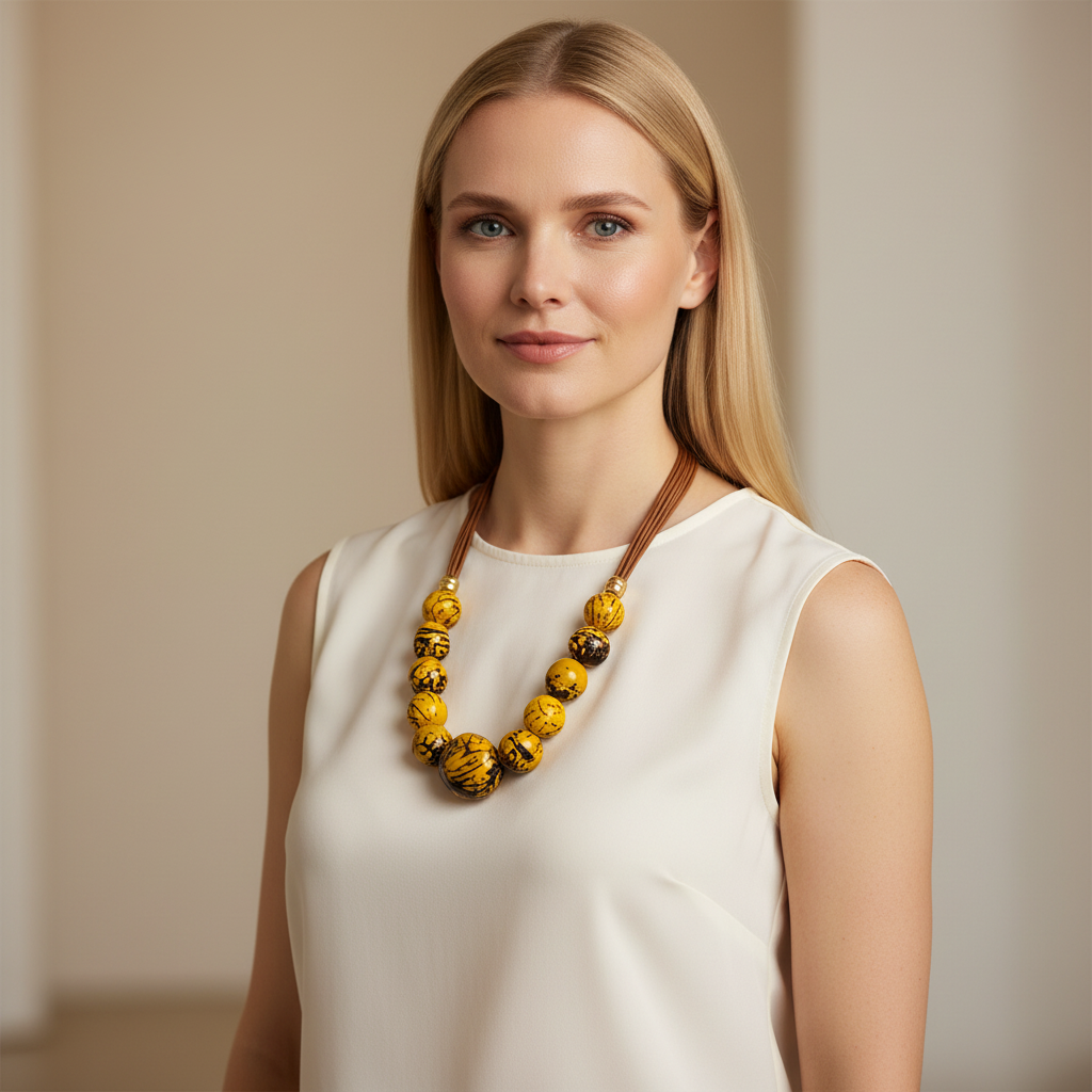 Amazonian Treasures handmade necklace featuring yellow jarina and paxiuba seeds on a brown cotton cord worn by a model
