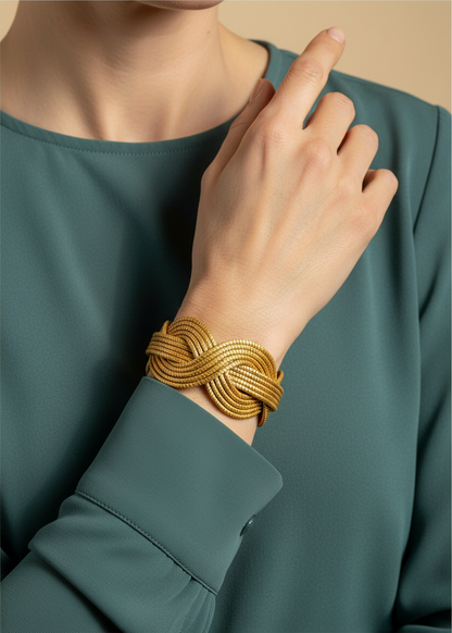 Amazonian Treasures handwoven golden grass cuff bracelet worn on a wrist against a dark green long-sleeve top