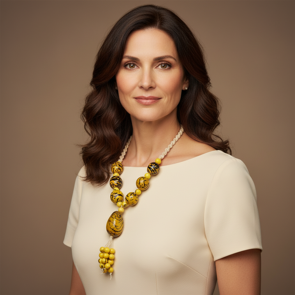Amazonian Treasures statement necklace made of yellow jarina and açaí seeds on a woman wearing a cream blouse.