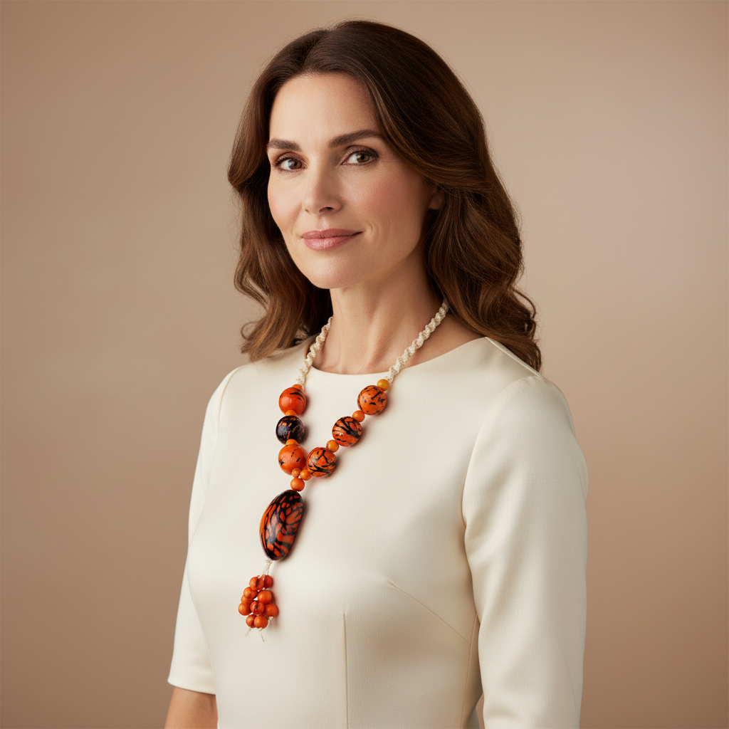 Amazonian Treasures statement necklace made of jarina and açaí seeds on tucum fiber, worn by a woman in a cream dress.