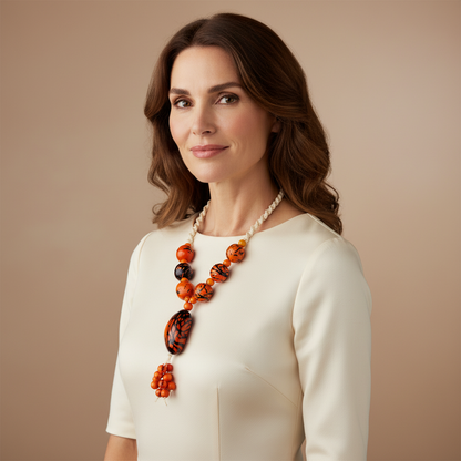 Amazonian Treasures statement necklace made of jarina and açaí seeds on tucum fiber, worn by a woman in a cream dress.