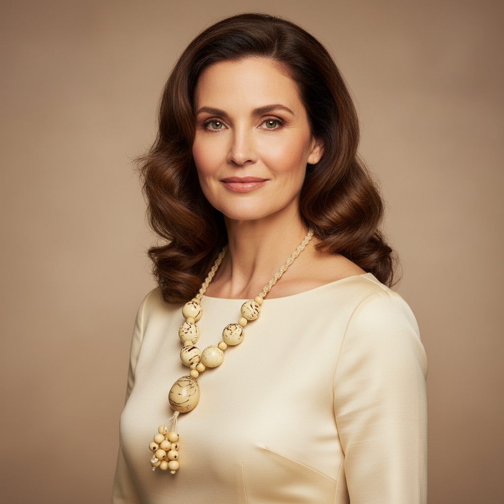 Amazonian Treasures statement necklace made of jarina seeds and tucum fiber worn by a woman in a cream blouse.