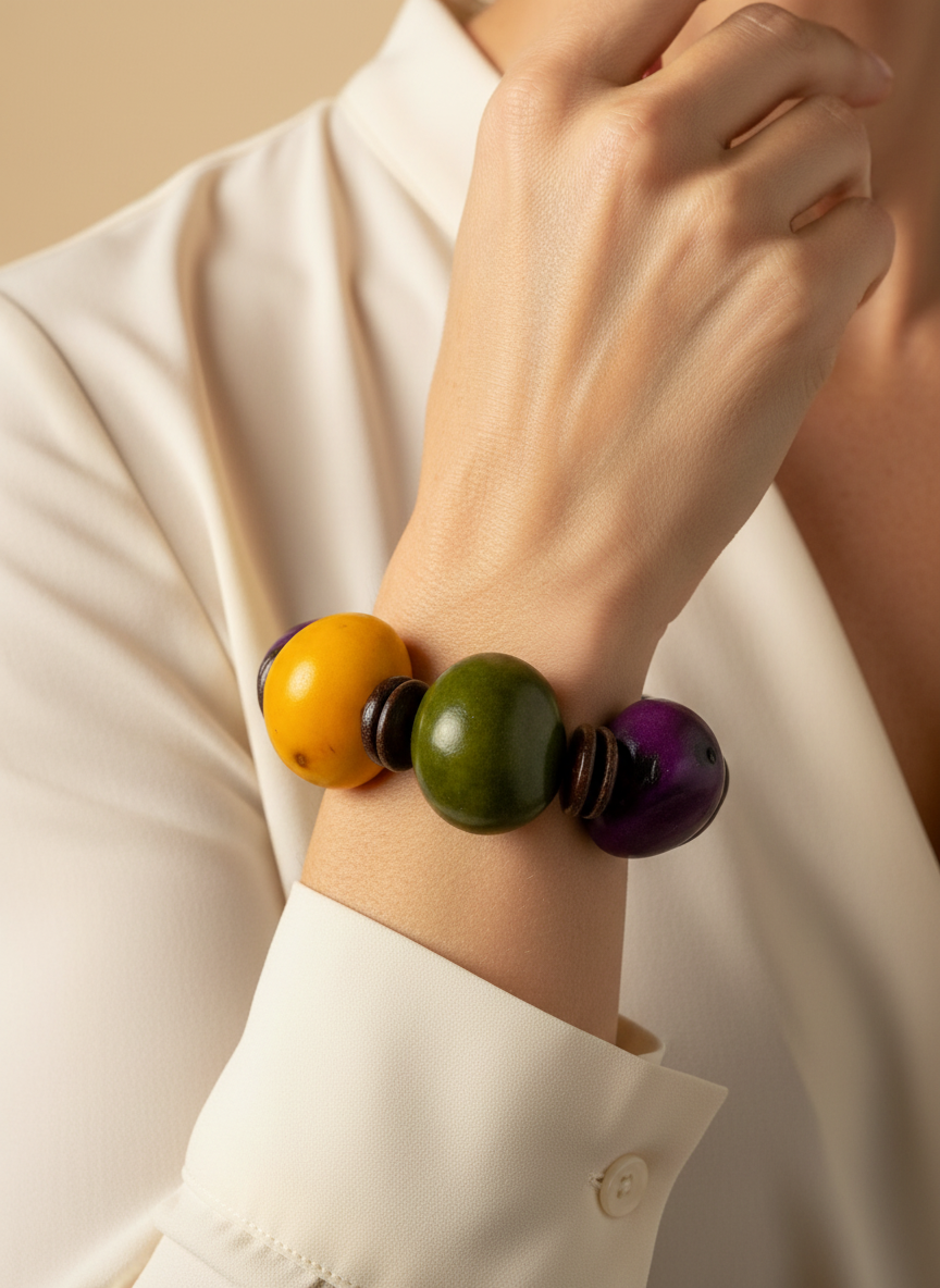 Amazonian Treasures Jarina Terra bracelet featuring colorful yellow, green, and purple palm seeds with coconut accents.