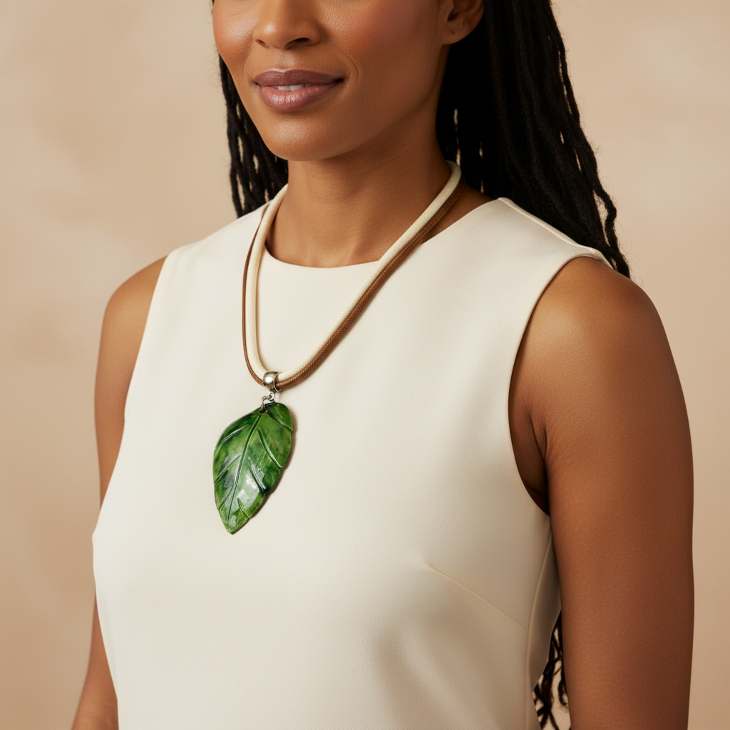 Amazonian Treasures mother of pearl leaf pendant necklace on a cord worn by a woman in a white sleeveless top