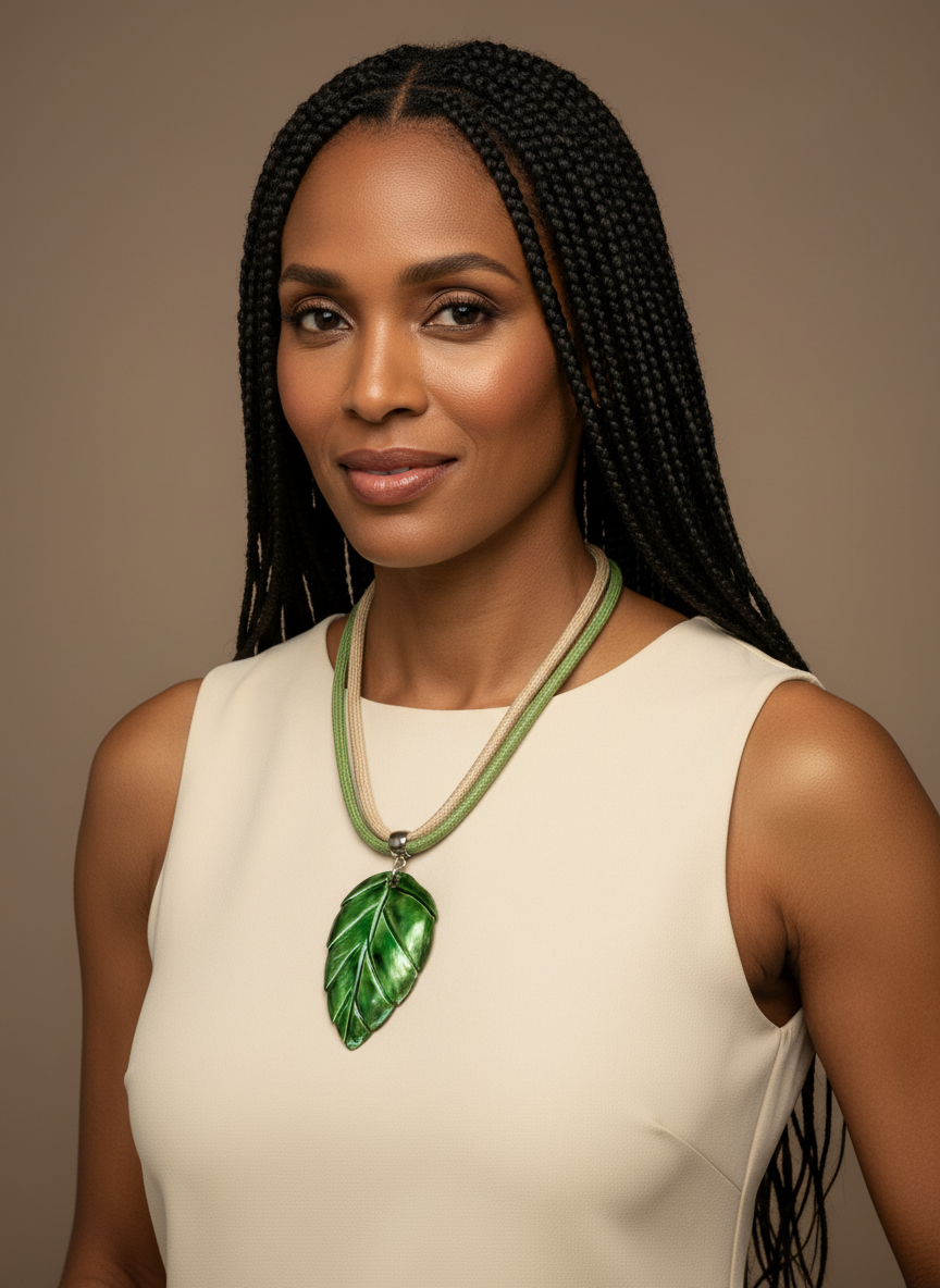 Model wearing an Amazonian Treasures mother of pearl leaf pendant necklace on a layered green and beige rope cord.