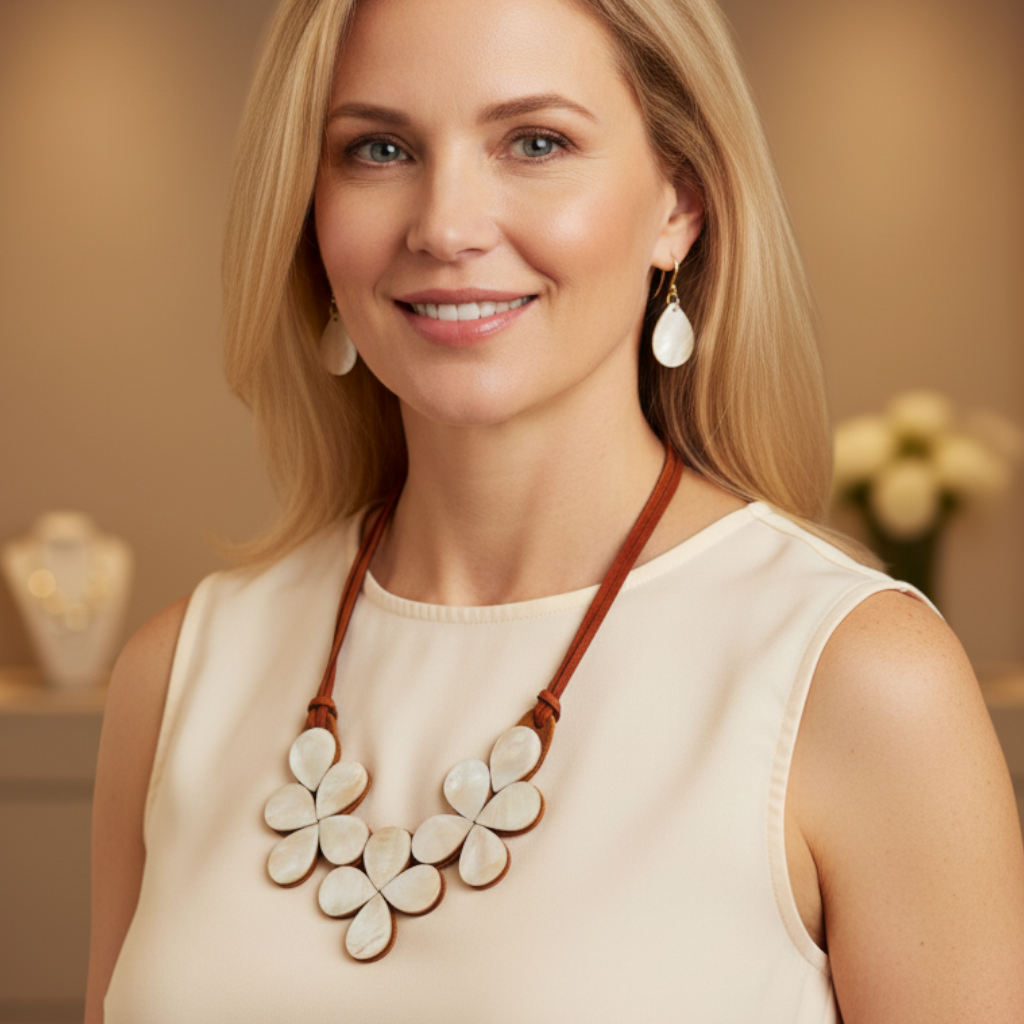 Amazonian Treasures Rainforest Petal Set featuring a mother of pearl floral necklace on suede cord and matching earrings
