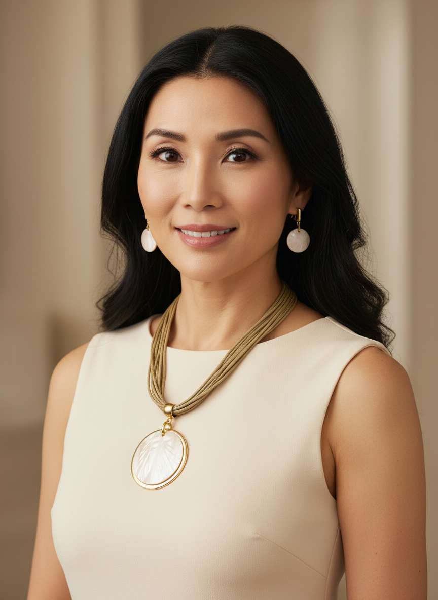 Amazonian Treasures necklace and earring set featuring ivory freshwater mother of pearl with gold-tone accents on a model
