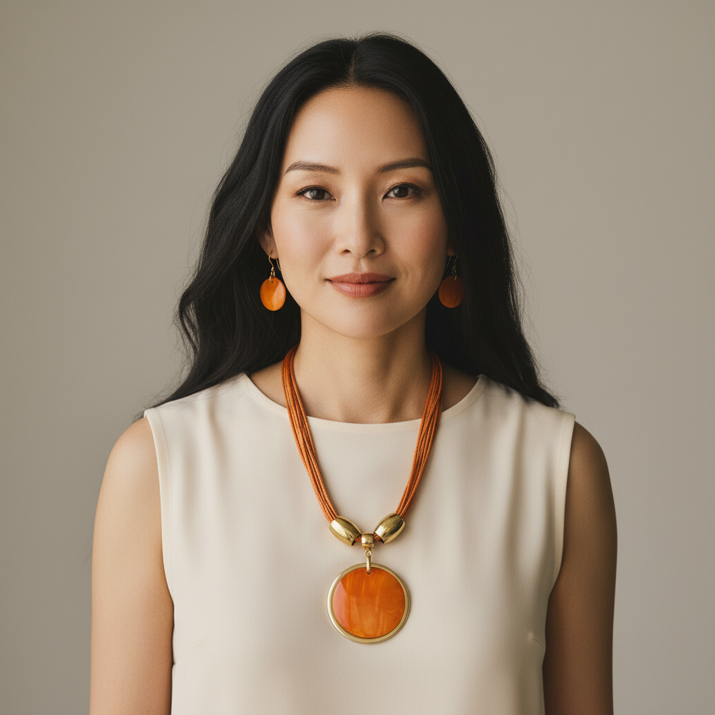 Amazonian Treasures mother of pearl necklace and earring set with orange shell pendants and gold-tone accents on model