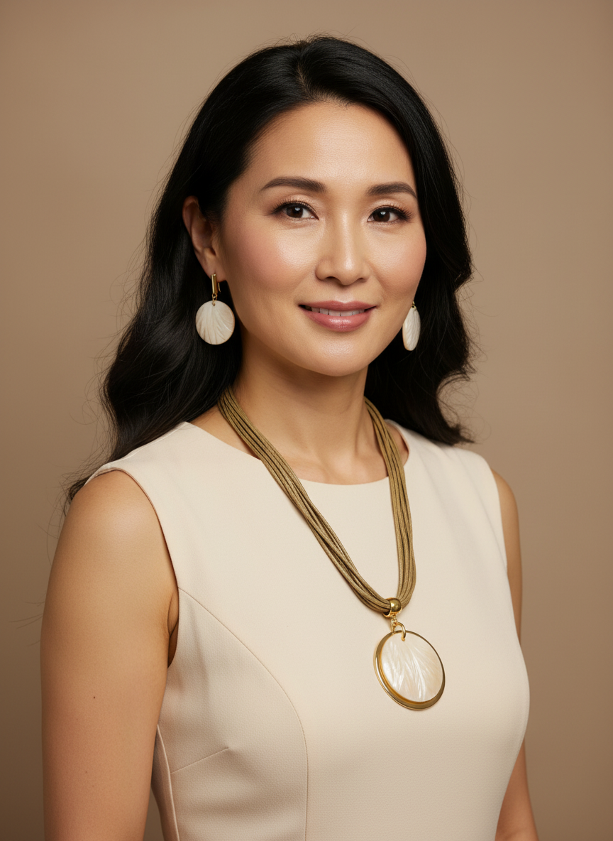 Amazonian Treasures mother of pearl necklace and earring set worn by a woman in a cream dress against a tan background.