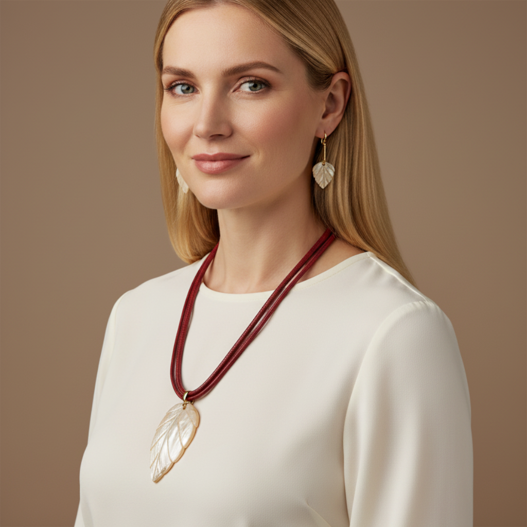 Amazonian Treasures Rainforest Pearl Leaf necklace and earrings set featuring iridescent shell leaves on a red cord.