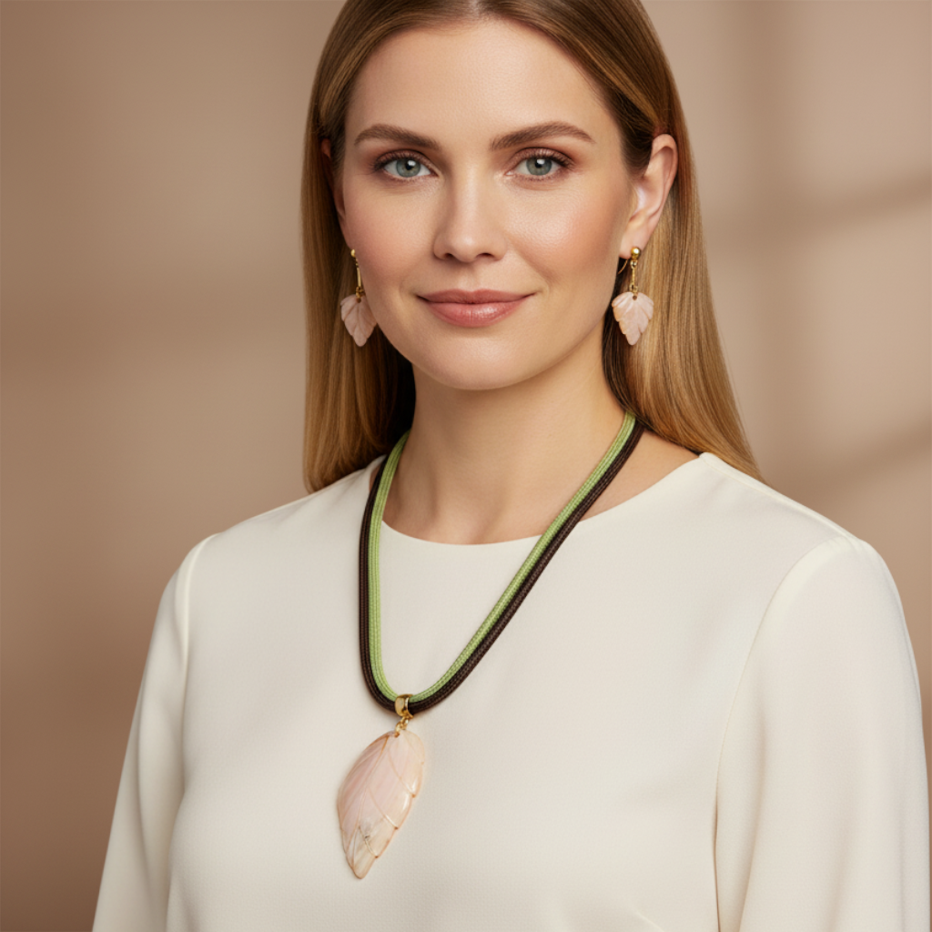 Amazonian Treasures Rainforest Pearl Leaf set featuring a mother of pearl leaf pendant on cord and matching earrings.