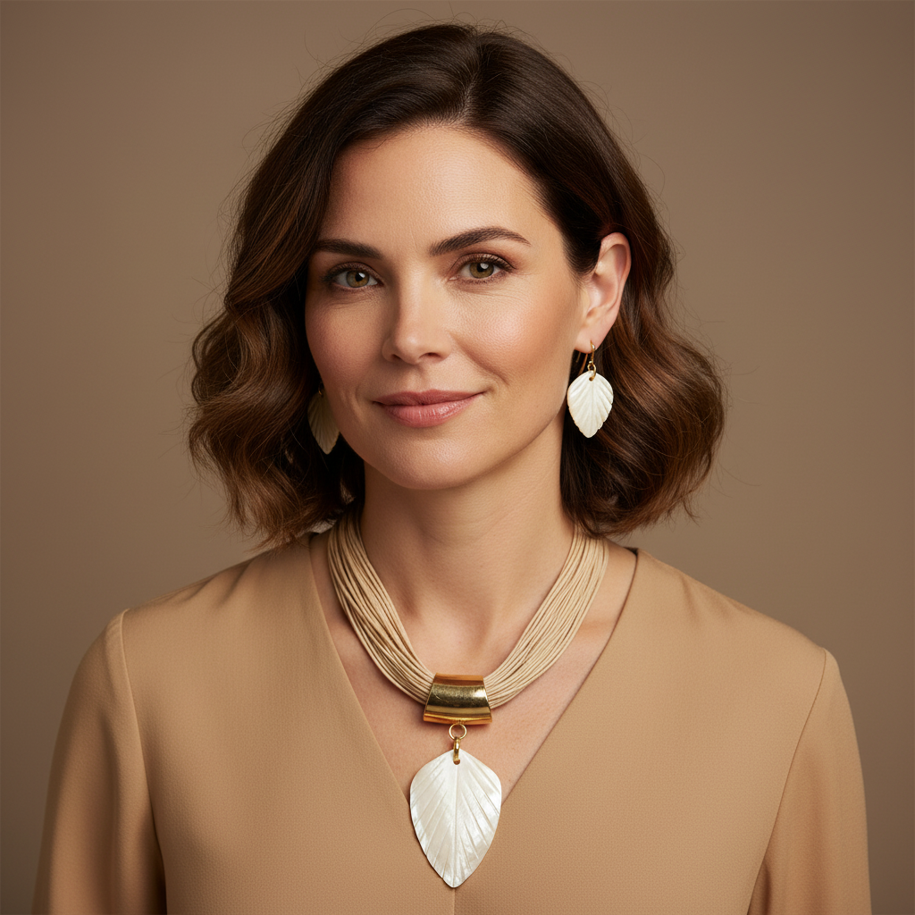 Amazonian Treasures handmade mother of pearl leaf necklace and matching earrings worn by a woman in a beige top.