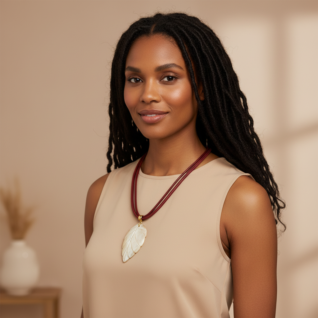 Amazonian Treasures mother of pearl leaf pendant necklace on a woman wearing a beige top