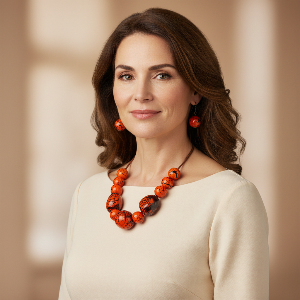 Amazonian Treasures Amazon Bloom Jarina necklace and earring set in orange, worn by a woman with a cream-colored top.