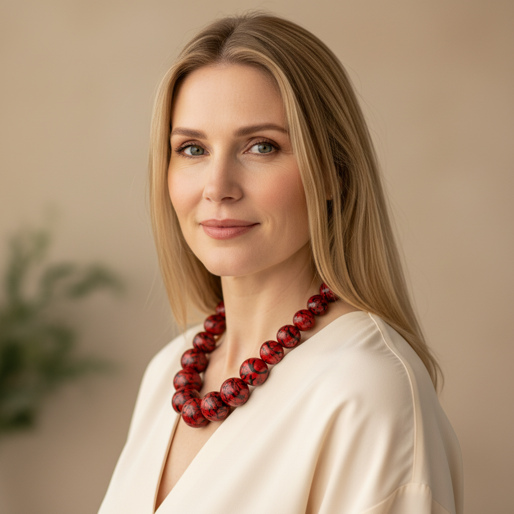 Amazonian Treasures handmade necklace featuring vibrant red paxiúba seeds worn by a woman in a cream blouse