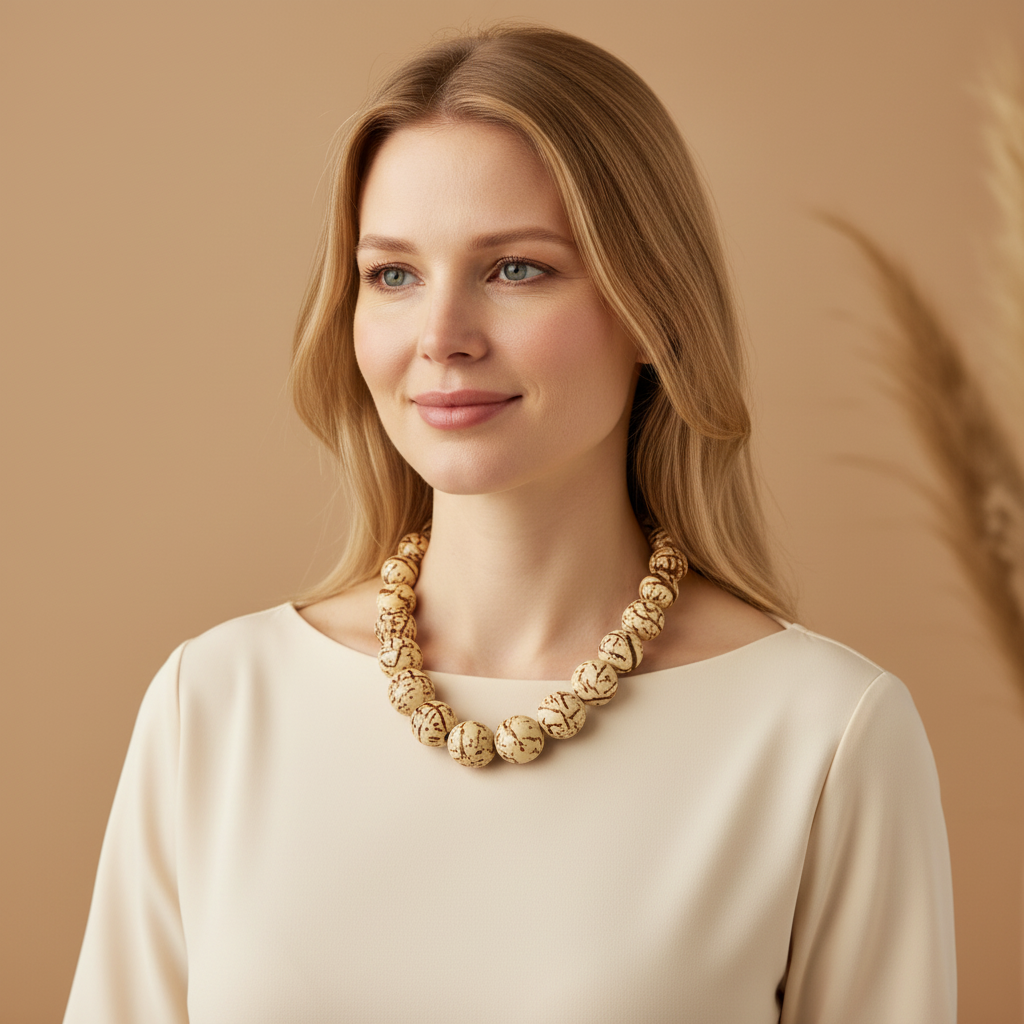 Amazonian Treasures handmade paxiúba seed necklace worn by a woman with blonde hair against a neutral background.