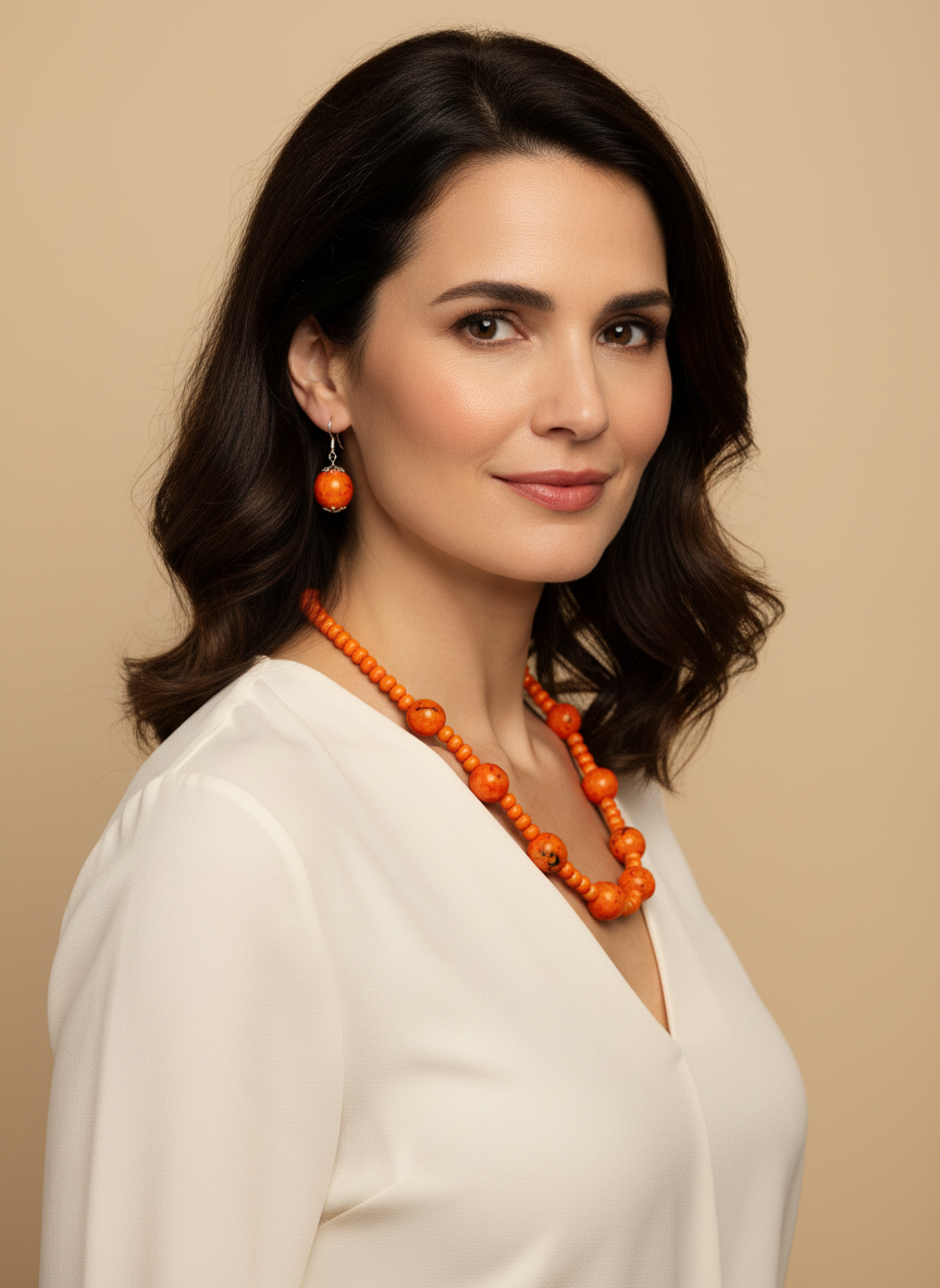Amazonian Treasures Forest Harmony set featuring orange paxiubinha seed necklace and matching earrings on a woman