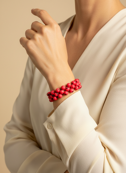 Amazonian Treasures handcrafted pink acai seed bracelet worn on a woman's wrist with a cream blouse