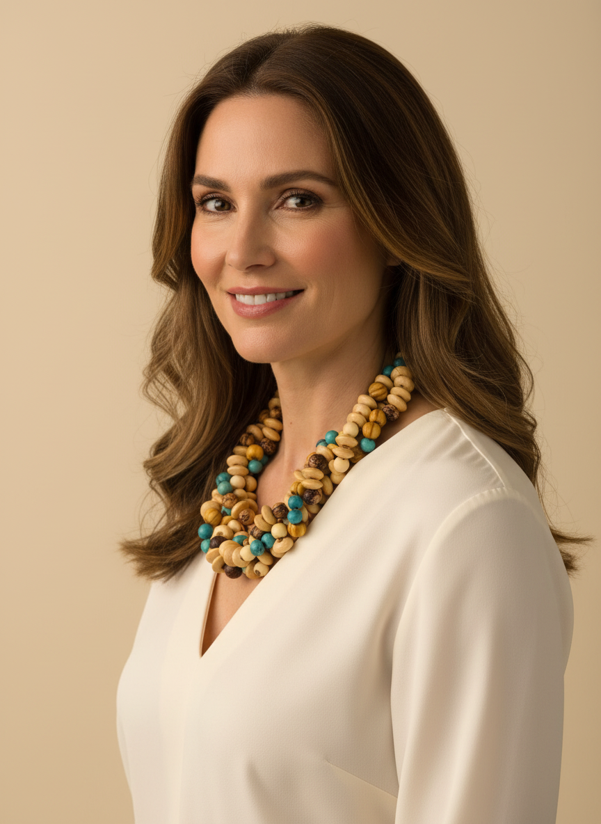 Amazonian Treasures necklace made of reclaimed wood and turquoise acai seeds worn by a woman in a white blouse.
