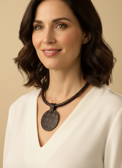 Amazonian Treasures Circle of the River necklace with a round carved wood pendant on a dark braided cord worn by a woman