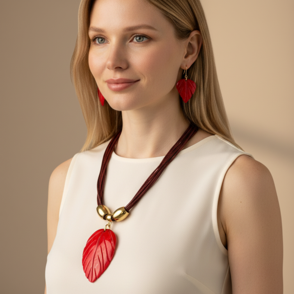 Amazonian Treasures leaf necklace and earring set in red mother of pearl with gold-tone accents worn by a blonde model