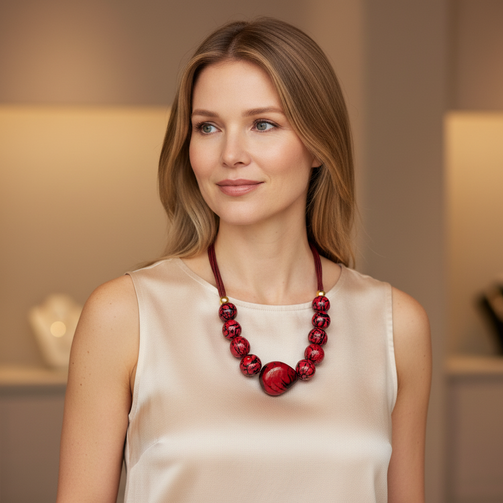 Amazonian Treasures handmade necklace featuring red jarina and paxiúba seeds on a cotton cord worn by a blonde woman