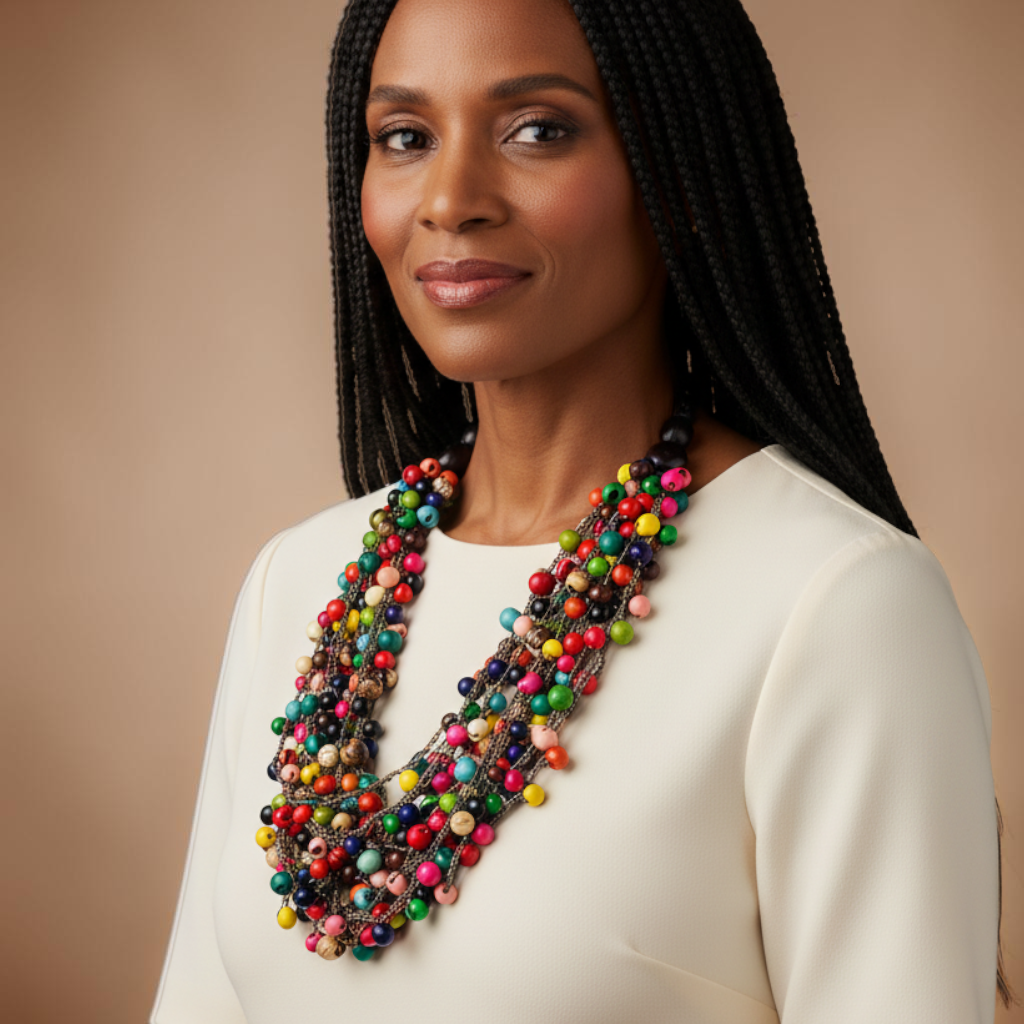 Amazonian Treasures handmade necklace featuring colorful Açaí and Jatobá seeds on crochet cord worn by a woman