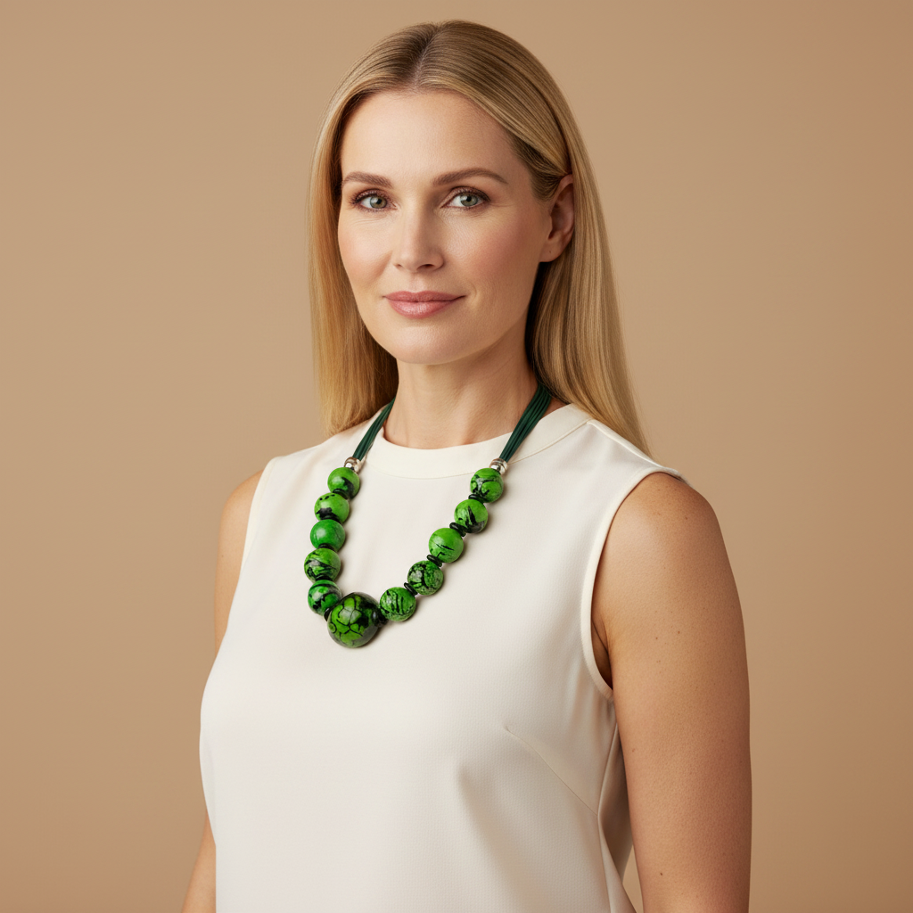 Amazonian Treasures handmade necklace with green jarina and paxiúba seeds on a cotton cord worn by a blonde woman.