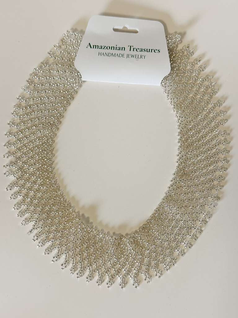Amazonian Treasures Borari Indigenous handcrafted silver glass bead collar necklace with delicate net-like fringe