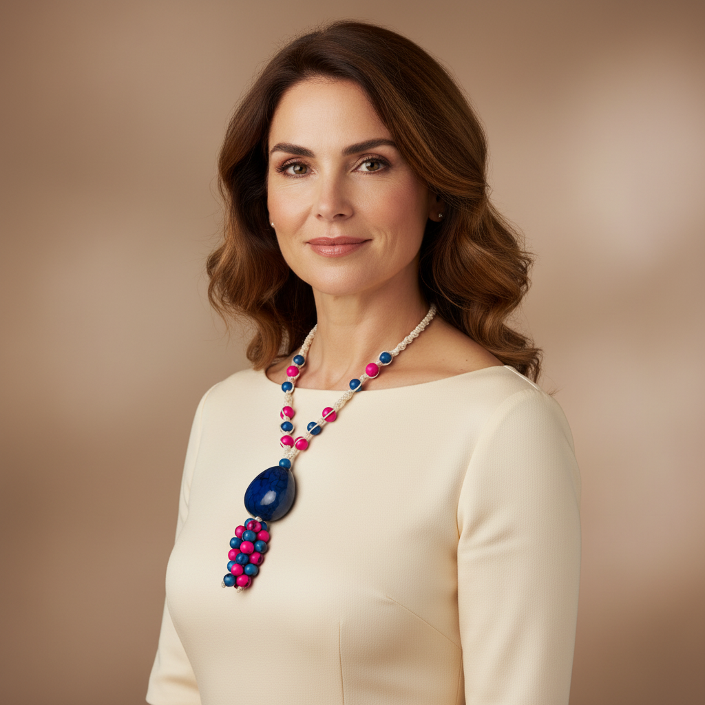 Amazonian Treasures statement necklace featuring blue and pink acai seeds, jarina, and tucum fiber on a woman