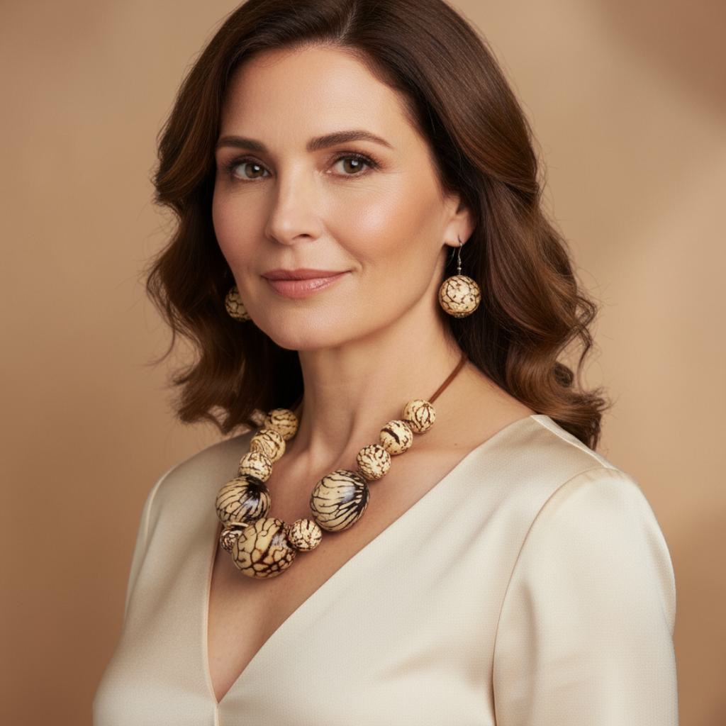 Amazonian Treasures Amazon Bloom Jarina necklace and earring set featuring natural patterned tagua seeds on suede cord