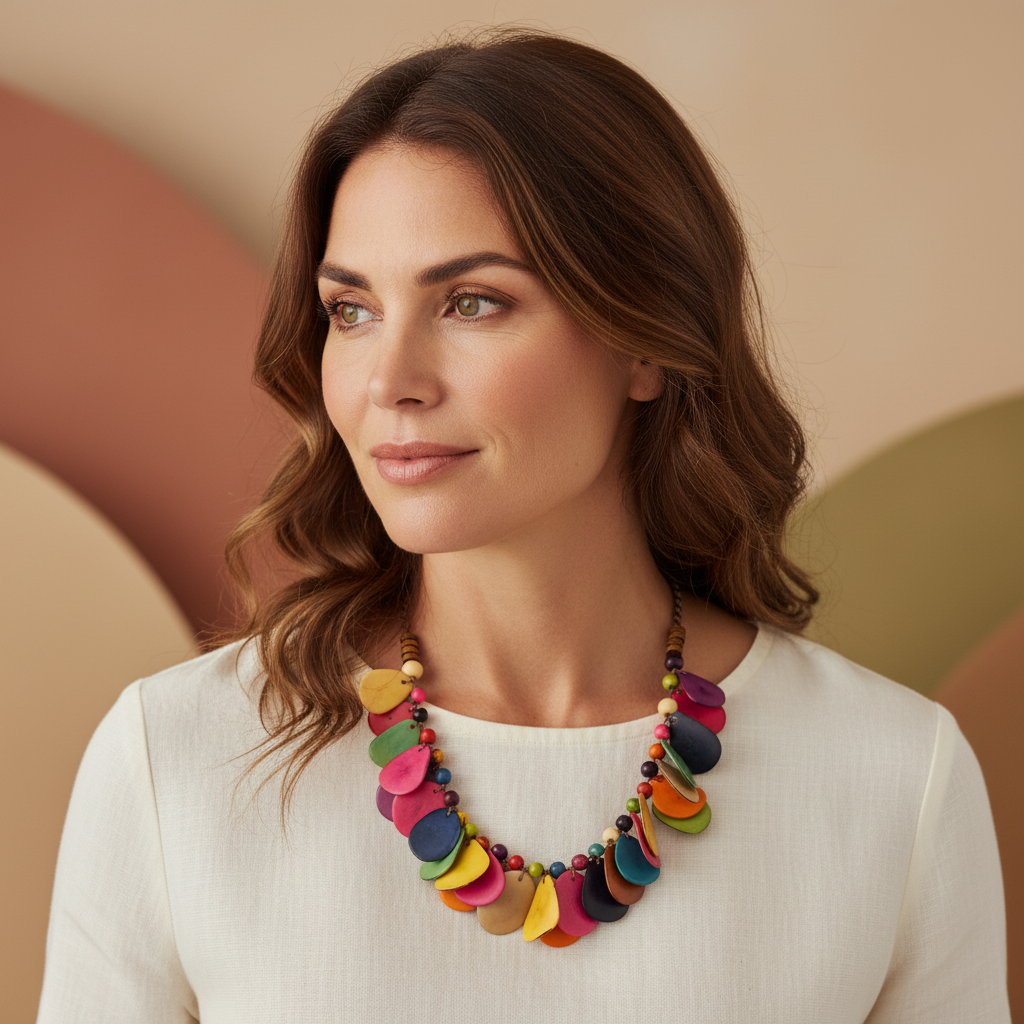 Amazonian Treasures Tropical Tagua necklace featuring vibrant, artisan-tinted Jarina and Açaí seeds on a woman.